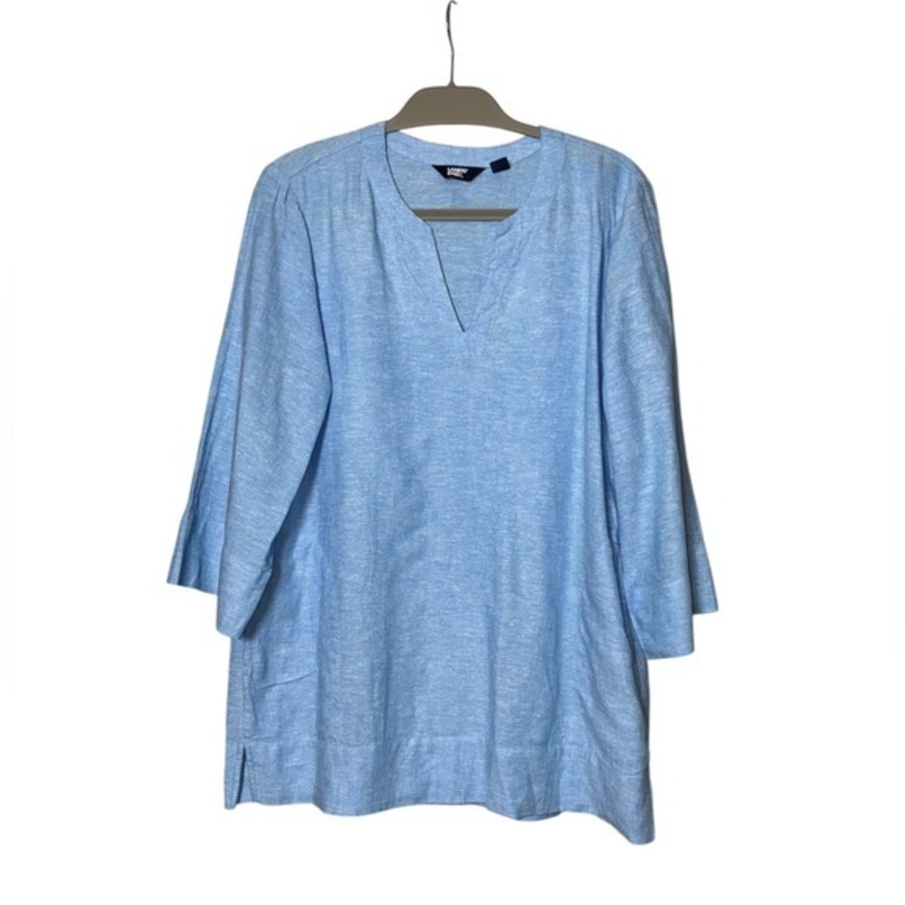 Lands' End linen blend split neck tunic top blouse shirt in chambray blue